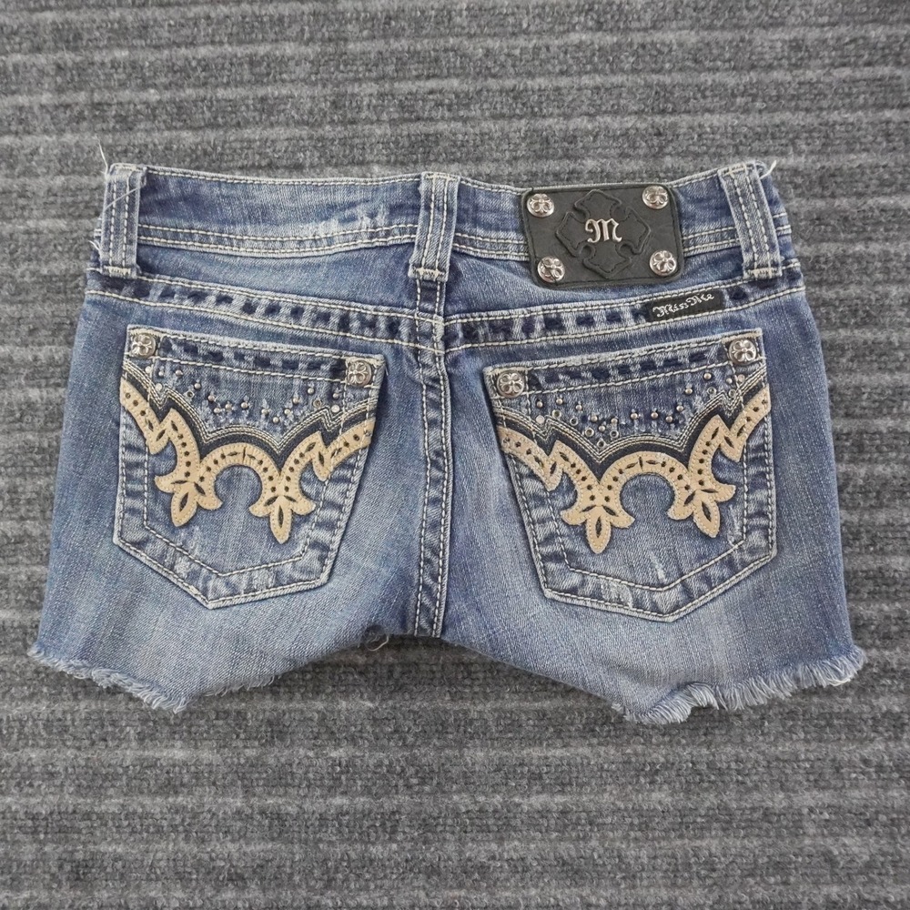Miss Me Denim Shorts Womens 26 Blue Embroidered Rhinestone Frayed Hem